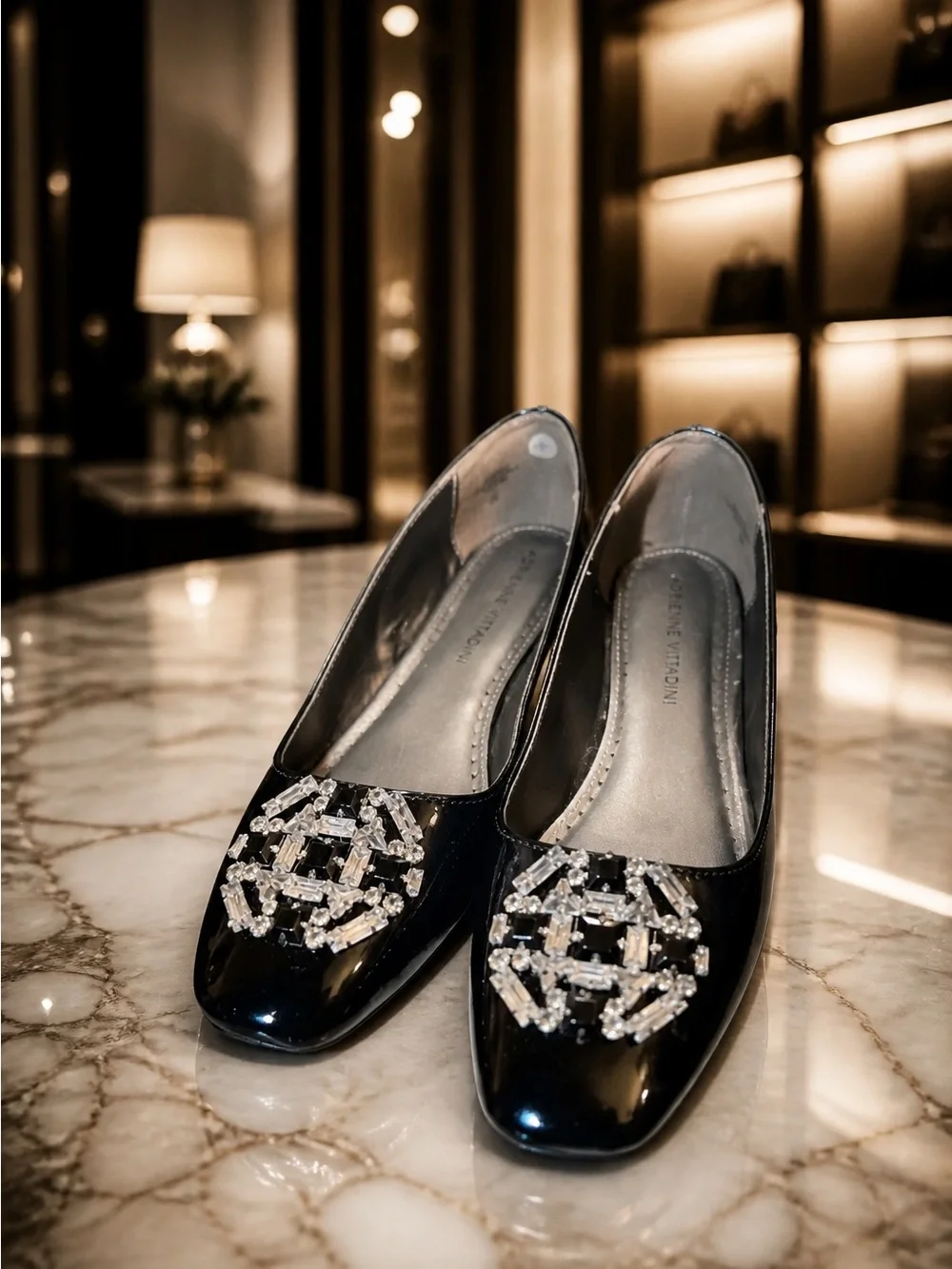 Adrienne Vittadini Black Patent Crystal-Embellished Ballet Flats